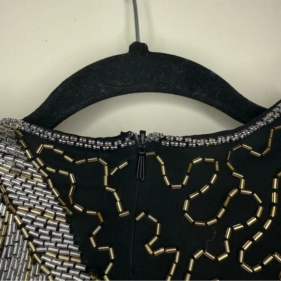 Authentic Vintage 20s Flapper 100% Silk Beaded Gold Black Flower Appliqué Dress